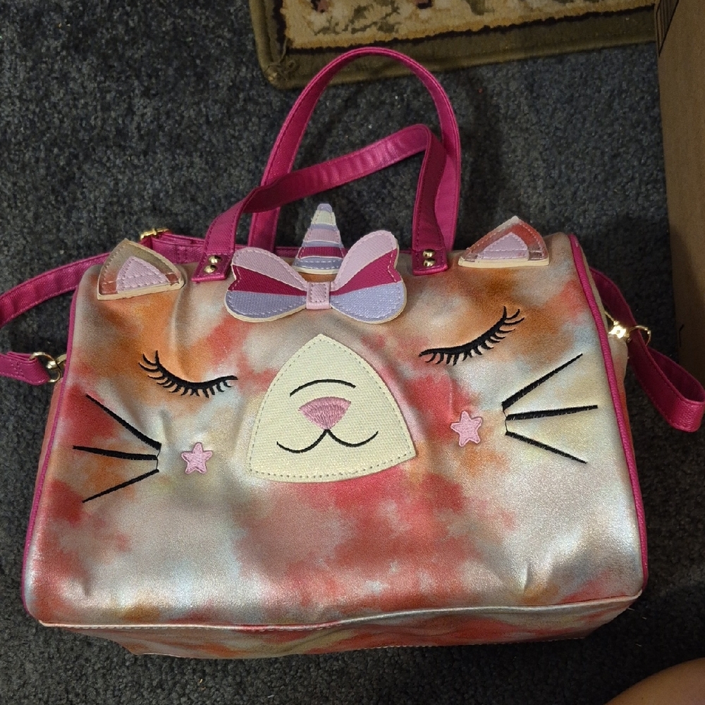 Pink and Multicolor Cat Design Women's Bag